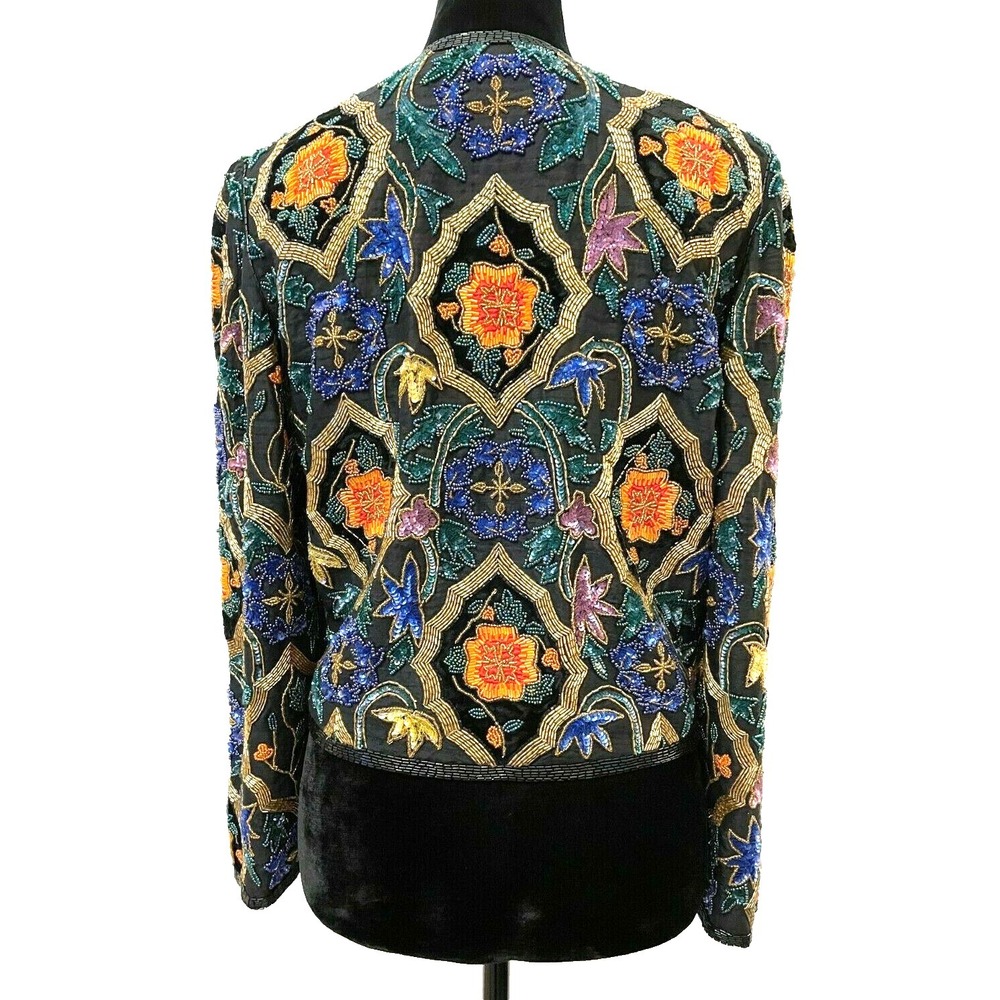 Vintage Cache Womens Open Front Jacket Small Black Silk Ornate Floral Beaded - Picture 7 of 13